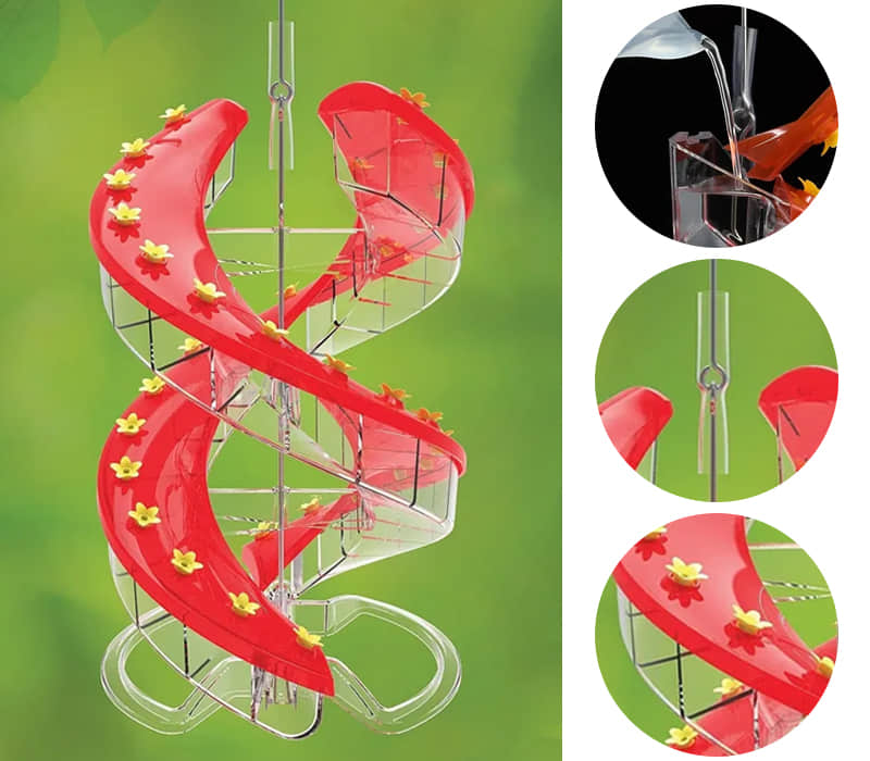 DNA Helix hummingbird feeder full spiral view with close-ups of the fill port, hanger, and flower feeding ports