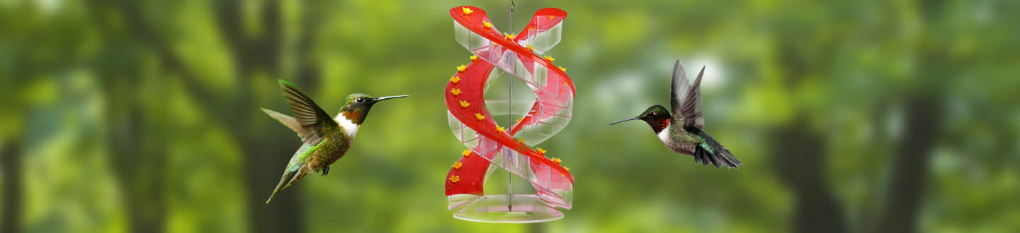 DNA Helix hummingbird feeder hanging outdoors with two hummingbirds approaching the spiral ports