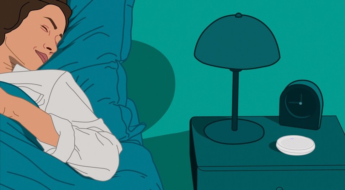 Illustration of a person sleeping peacefully with a Dodow device on the bedside table