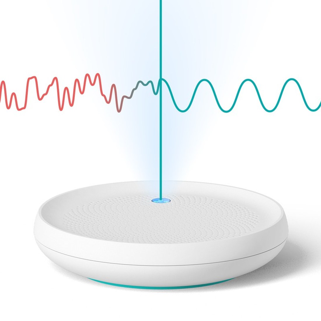 Dodow projecting a blue beam of light upward to show its breathing-pacing mechanism