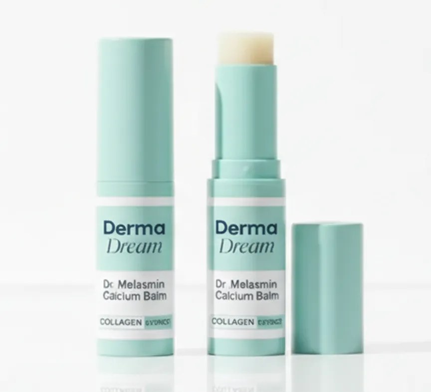 Two Dr. Melasmin Calcium Balm tubes on a pale background, one capped and one wound up with the cap set beside it, showing the pale cream-coloured balm