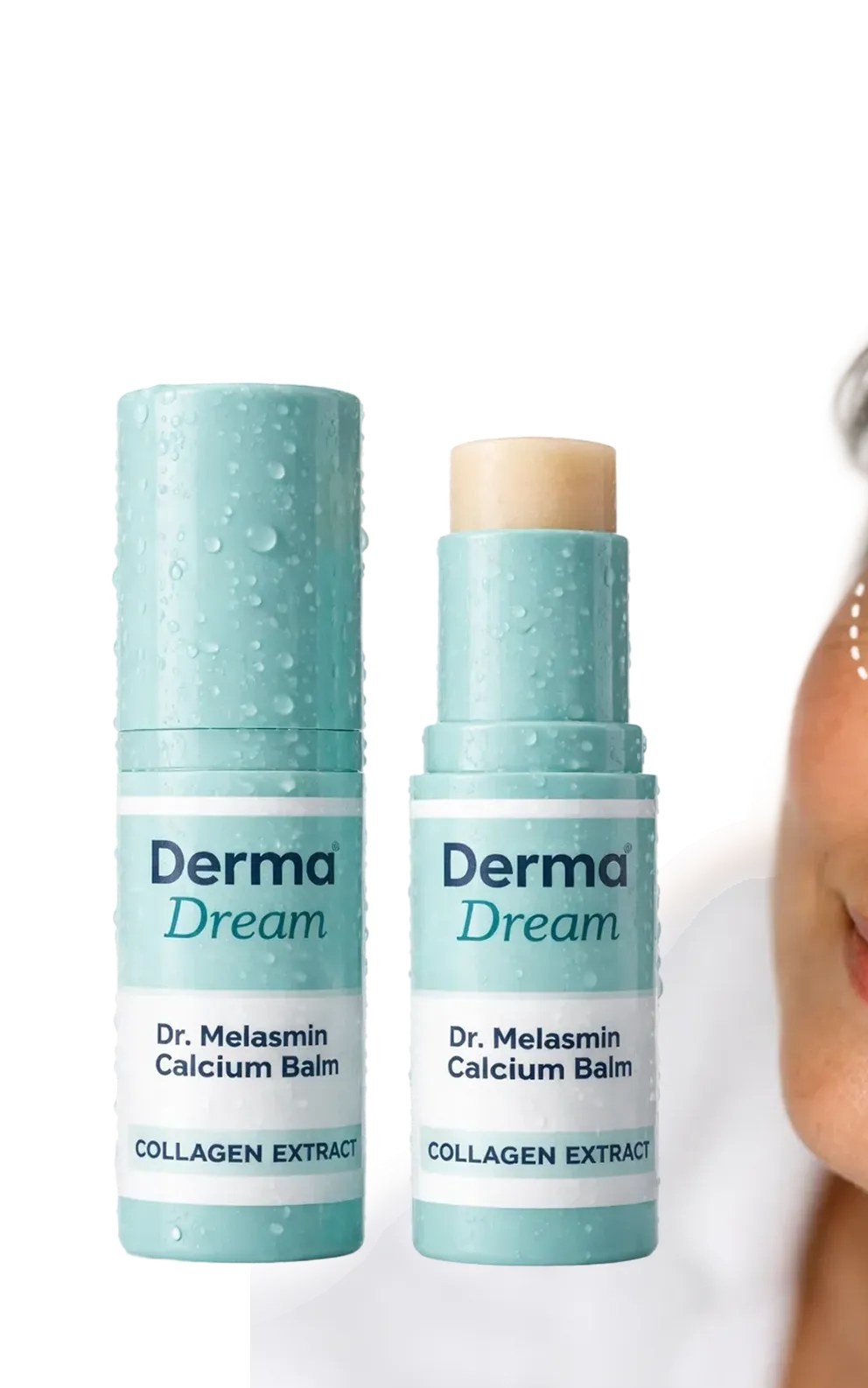 Two Dr. Melasmin Calcium Stick balm tubes, one closed and one twisted up to show the balm, on a white background