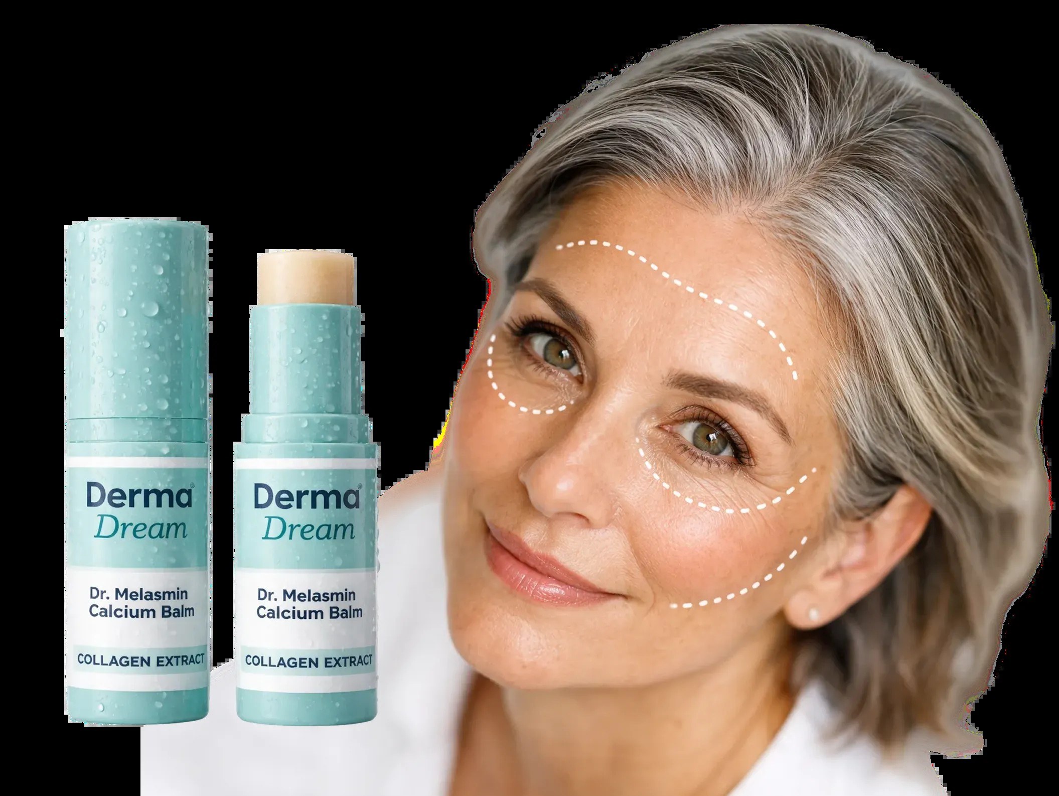 Dr. Melasmin Calcium Stick balm tubes shown beside a smiling woman's under-eye area
