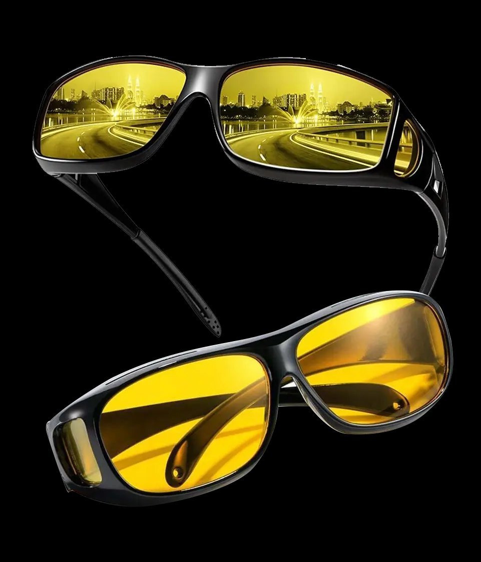 Drive Bright night driving glasses shown as two pairs with amber lenses reflecting a night road