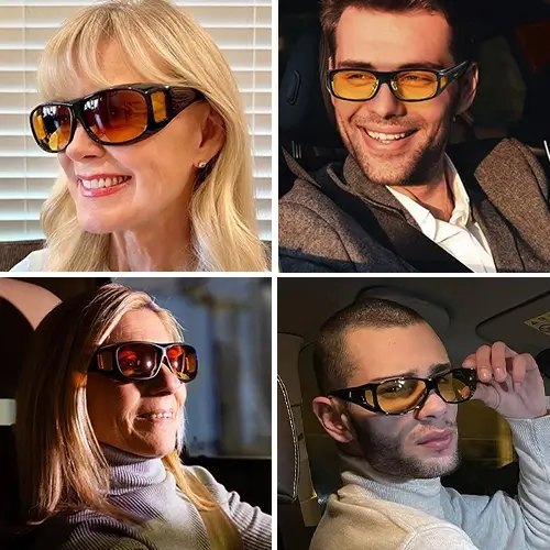 Four drivers wearing Drive Bright amber night driving glasses inside their cars at night