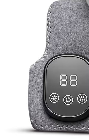 The EMSense EMS foot massager, a grey neoprene wrap with a black control unit