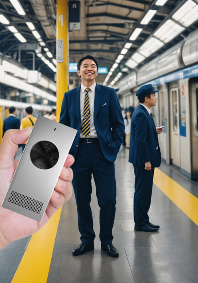A traveler on a train platform holding the Enence instant translator while talking with a local