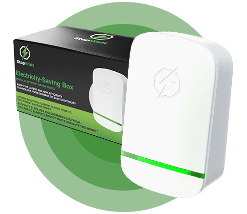 The StopWatt energy saver unit beside its black and green retail box