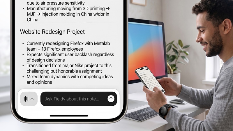 The Fieldy app showing an Ask Fieldy prompt over a meeting note on a phone