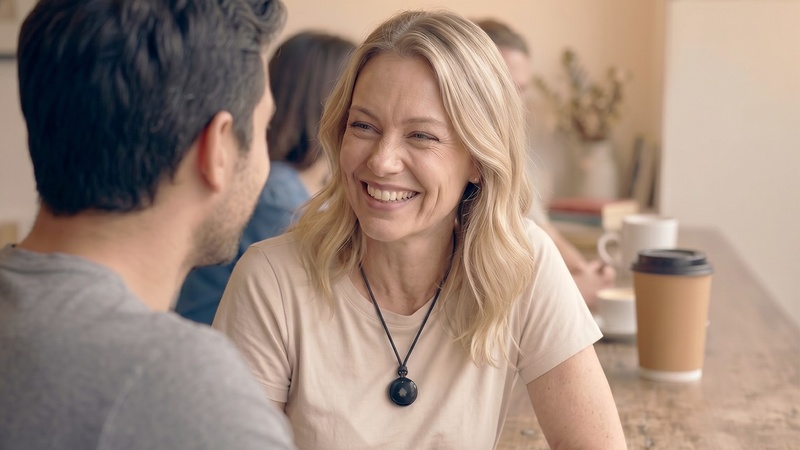 A person wearing the Fieldy AI pendant during a conversation at a cafe