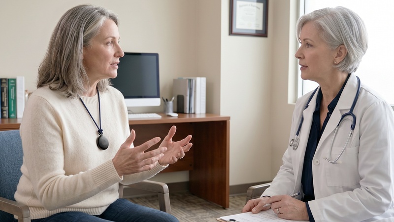 A person wearing the Fieldy AI pendant during a conversation with a doctor