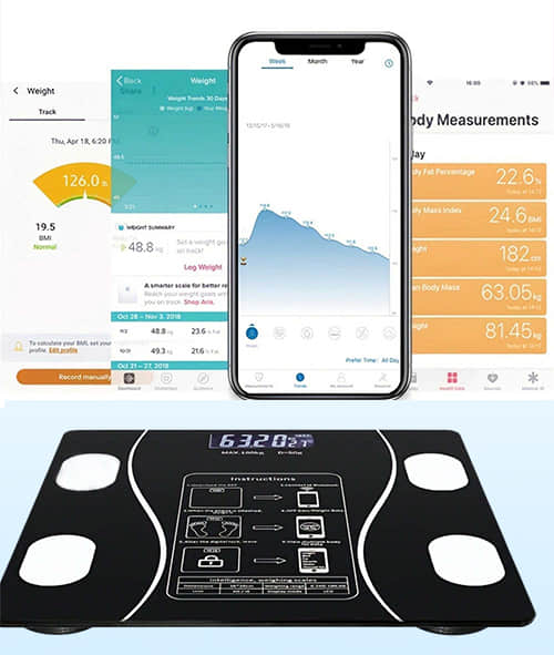 The FitScale X smart scale beside phone screens showing its body-composition tracking in the OKOK app
