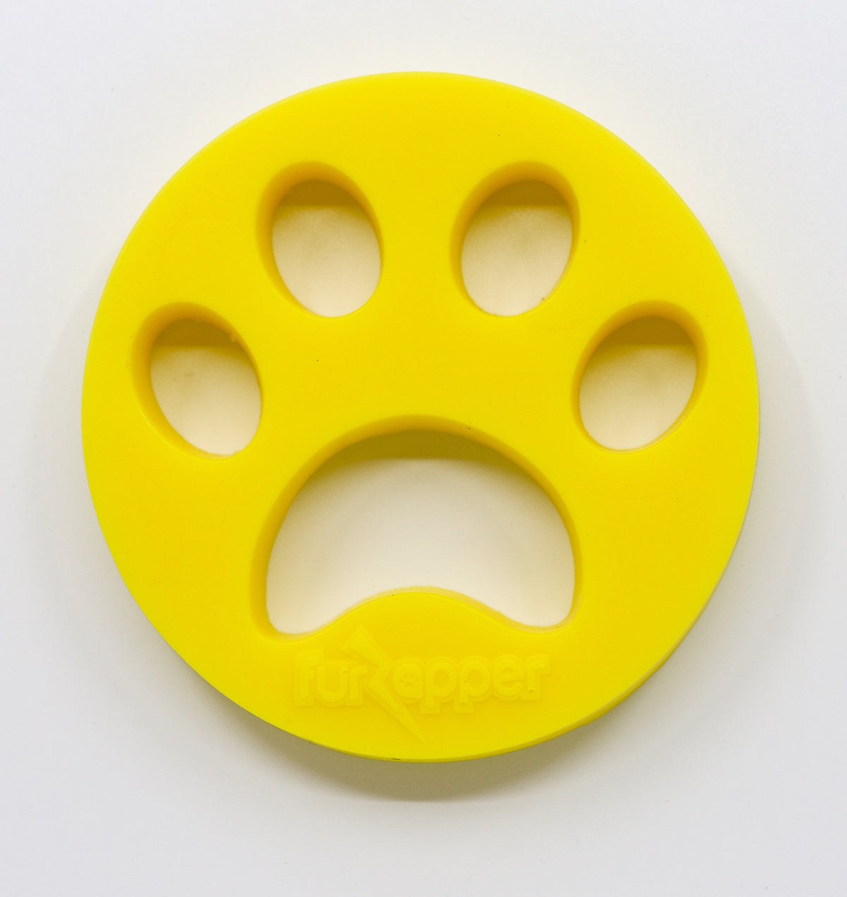 A single yellow FurZapper silicone pet hair remover disc with a paw-shaped cutout
