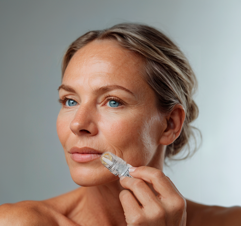 Woman applying the Glamory micro-infusion applicator to her cheek