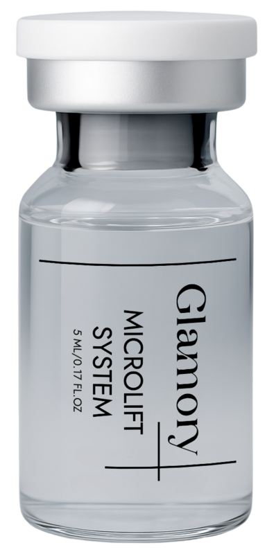 A sealed Glamory MicroLift serum vial held in one hand