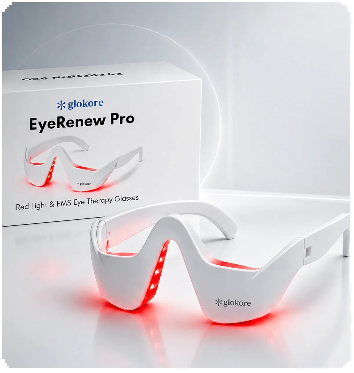 The Glokore EyeRenew Pro glasses shown with the retail box and packaging