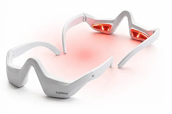 The Glokore EyeRenew Pro therapy glasses showing the red light along the lens