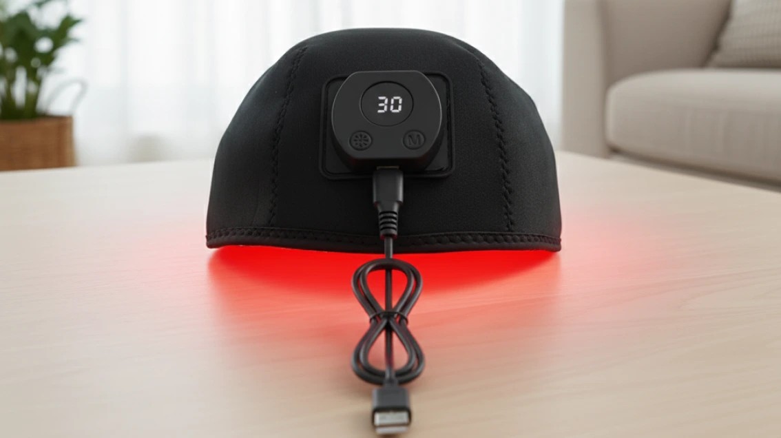 The Glokore Hair Regrowth Cap resting on a table with its USB-C cable and red glow
