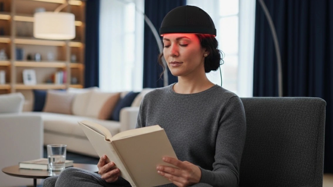 Woman reading a book while wearing the Glokore Hair Regrowth Cap with red light therapy active