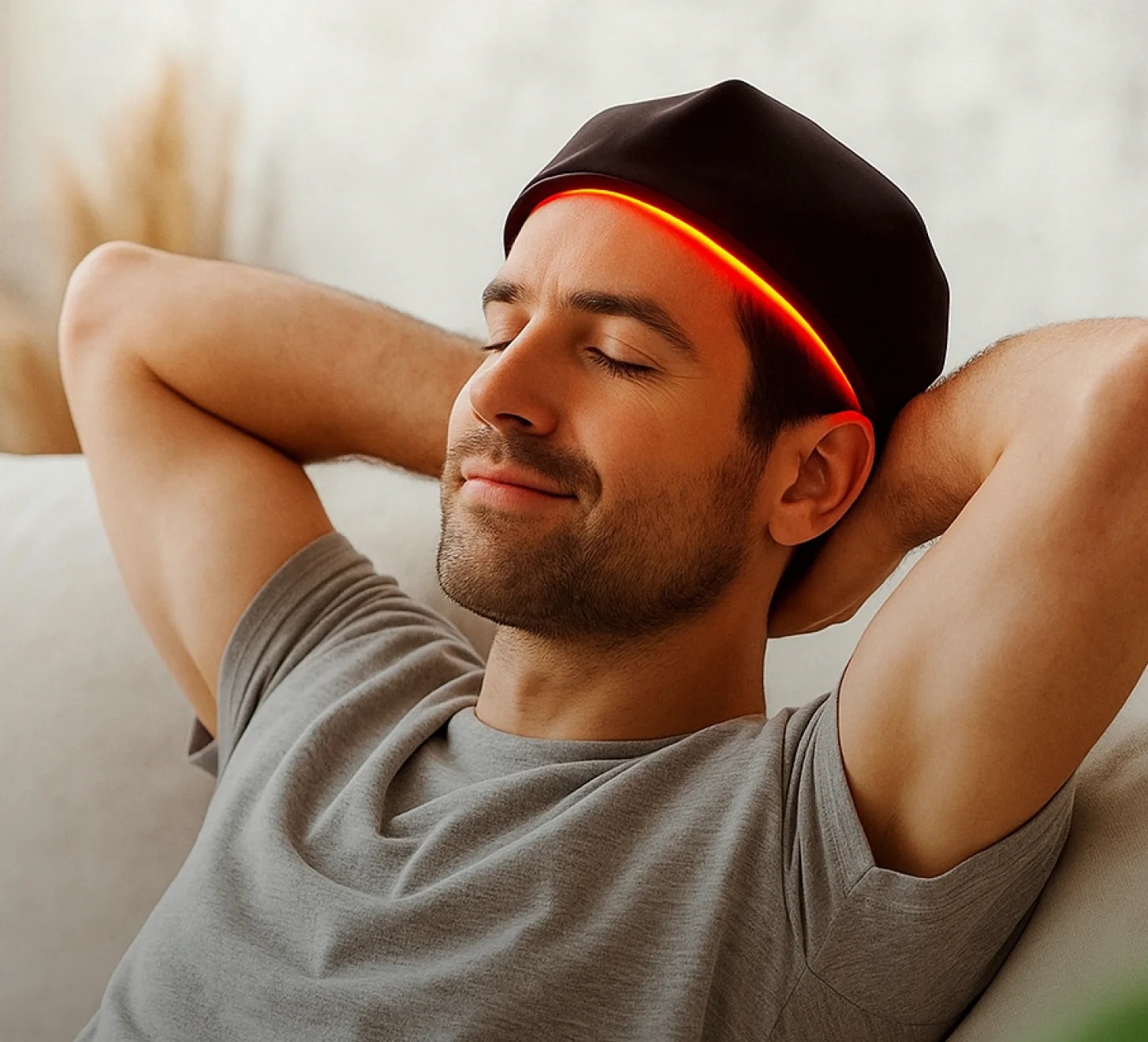Close-up of a man reclining on a couch wearing the Glokore Hair Regrowth Cap, red LED band lit