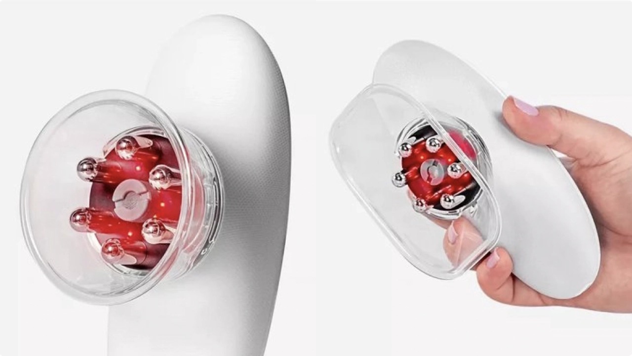 Close-up of the Glokore IPL Body Sculptor cup head showing the red light and metal microcurrent contacts