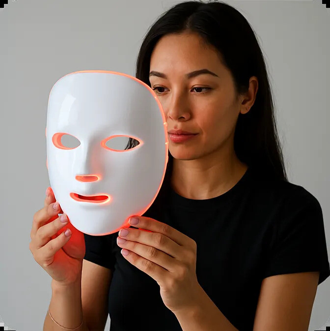 Person holding up the Glokore LED mask beside their face