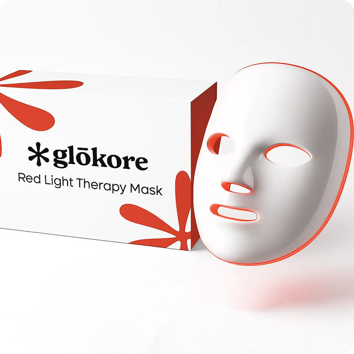 The Glokore LED mask next to its branded retail box