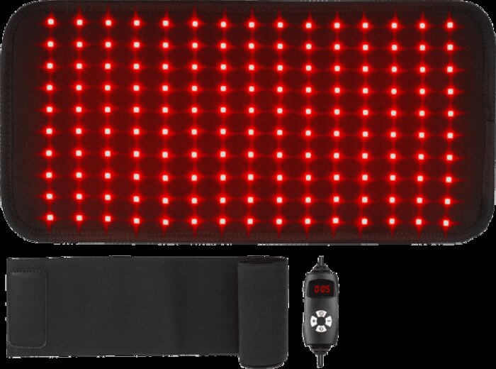Glokore Red Light Therapy Wrap kit: the LED pad lit red, its stretchy strap, and the remote control