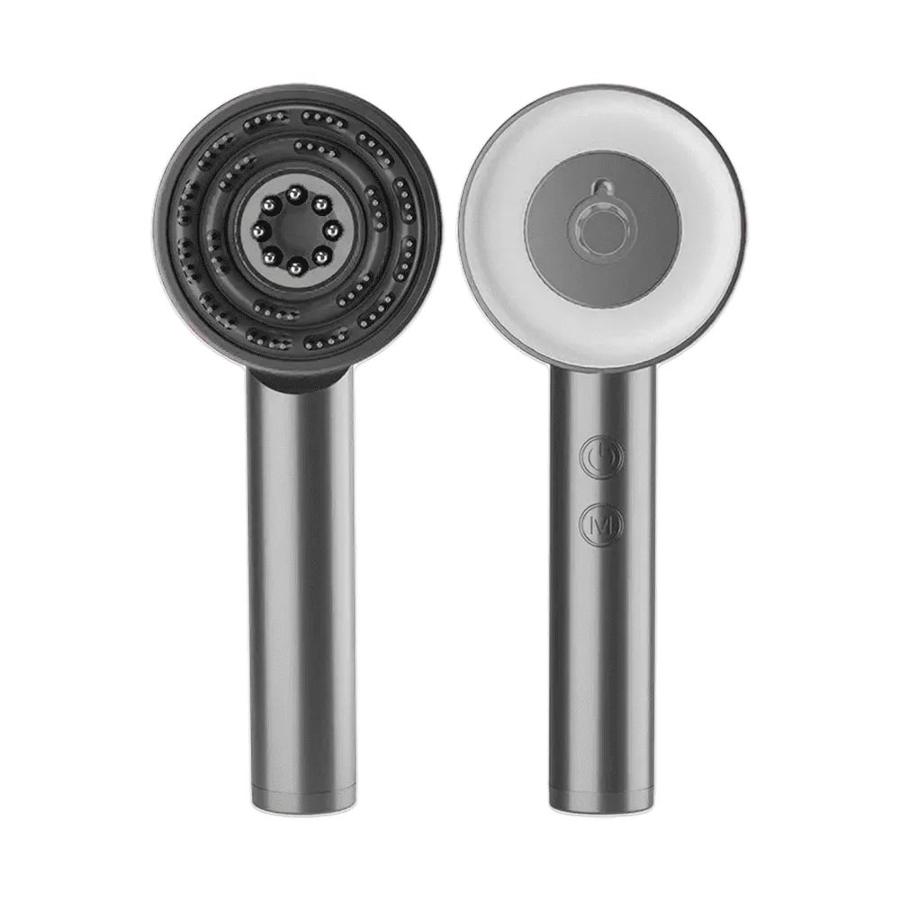 Front and back views of the Glokore Scalp Massager showing the massage nodes and the power and mode buttons
