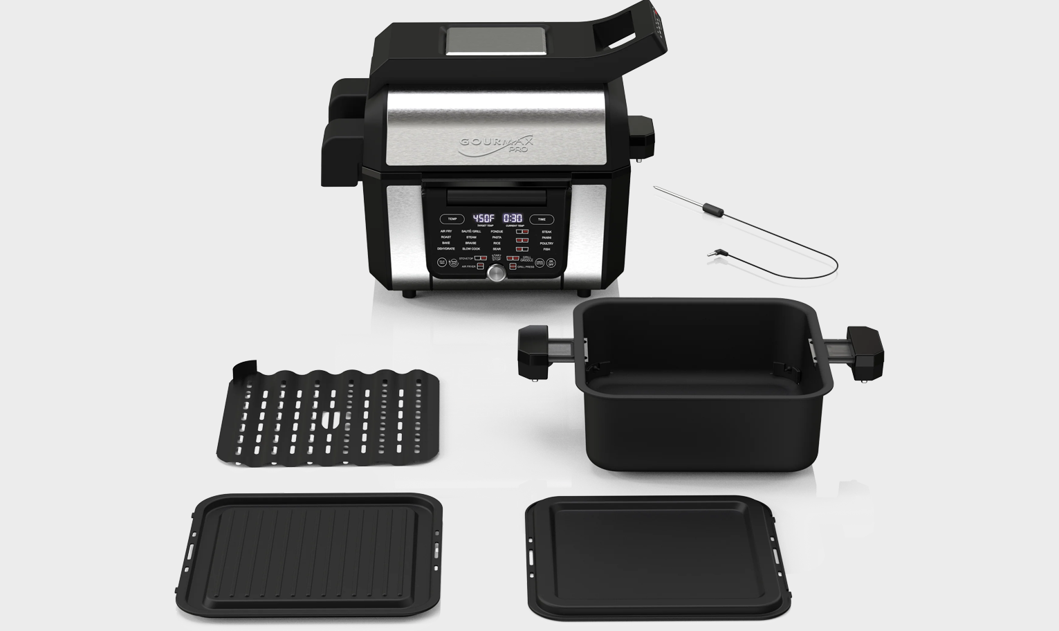 Gourmax Pro base unit with reversible grill and griddle plates, air-fry pot, and Smart Temp probe laid out