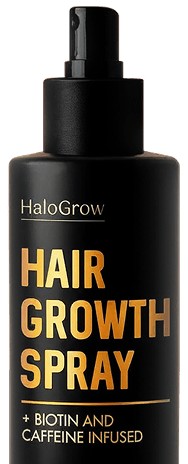 The black HaloGrow Hair Growth Spray bottle, labeled biotin and caffeine infused