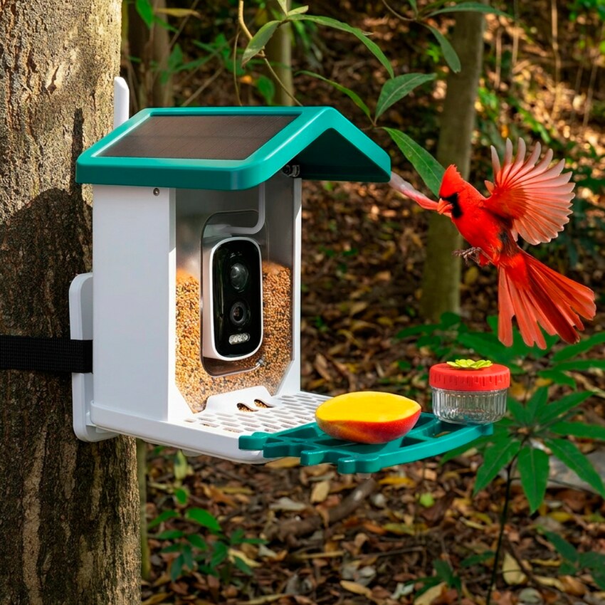 Happy Birdy smart bird feeder strapped to a tree trunk with a cardinal landing on the perch