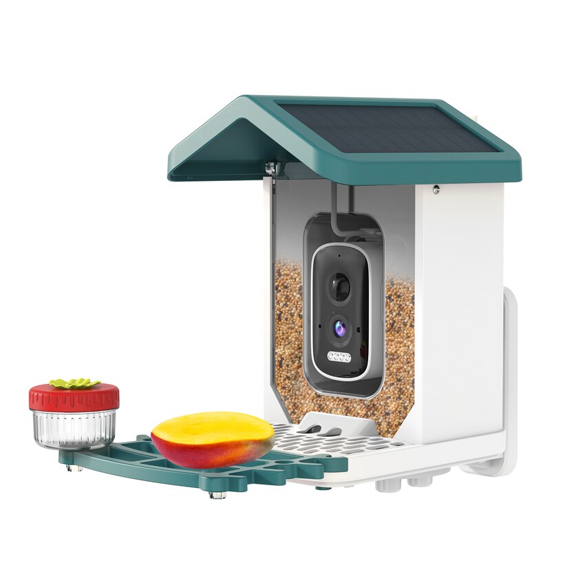 Happy Birdy smart bird feeder shown with its camera module, nectar jar attachment and perch