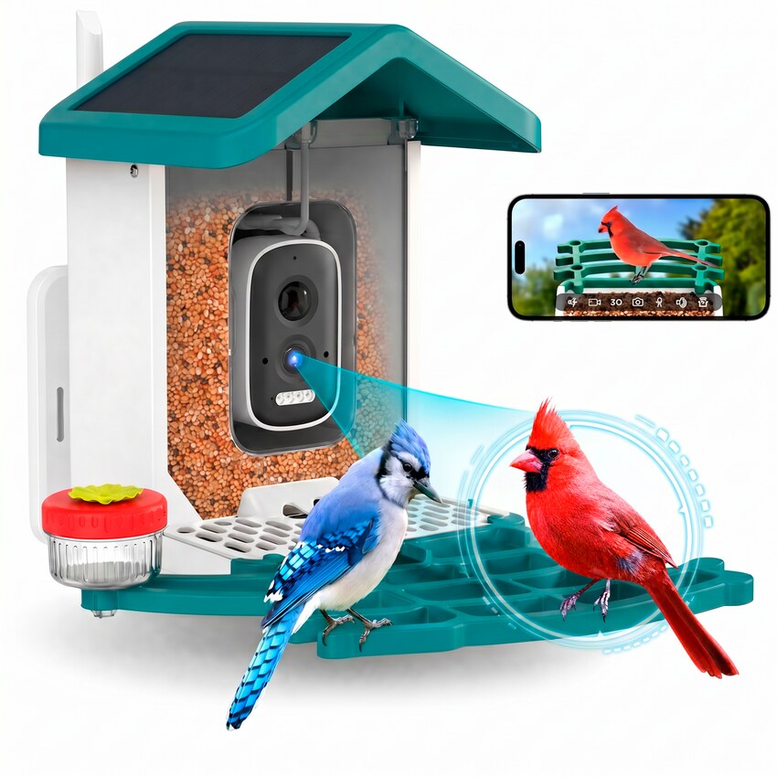 Happy Birdy smart bird feeder with a blue jay and a cardinal perched, beside a phone showing the app