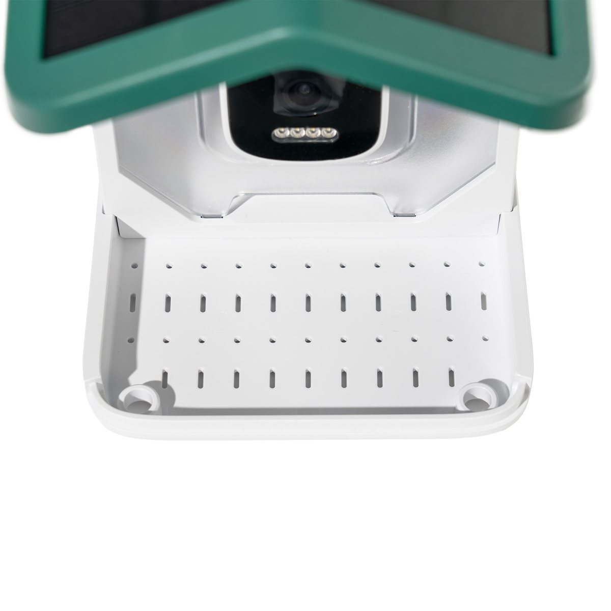 Close-up of the Happy Birdy smart bird feeder's camera module and infrared LEDs set behind the clear seed hopper