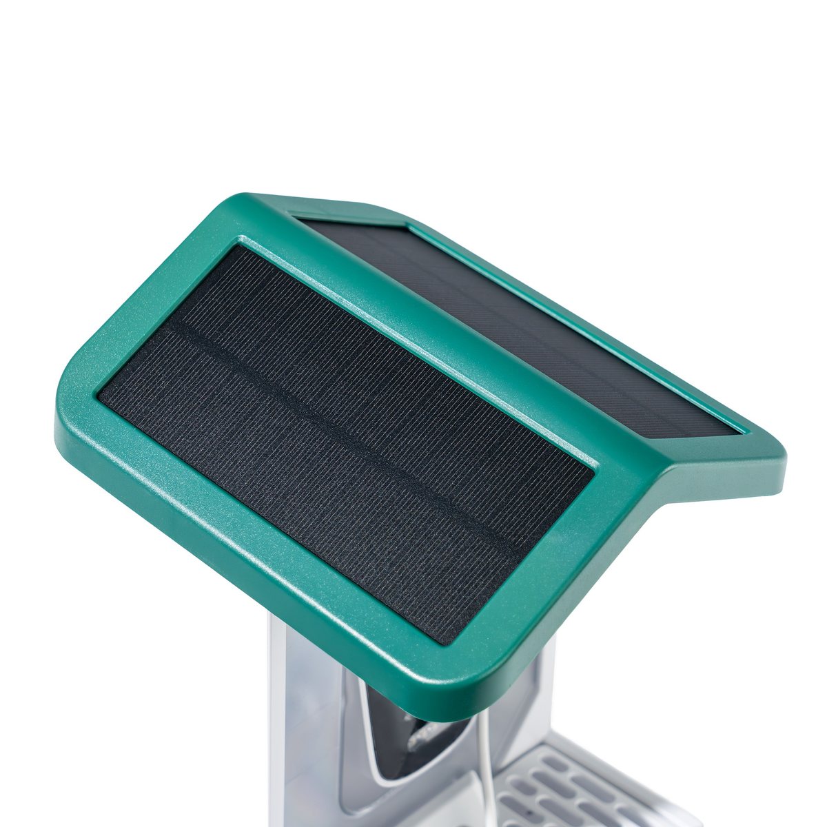Close-up of the Happy Birdy smart bird feeder's green solar-panel roof that keeps the battery charged