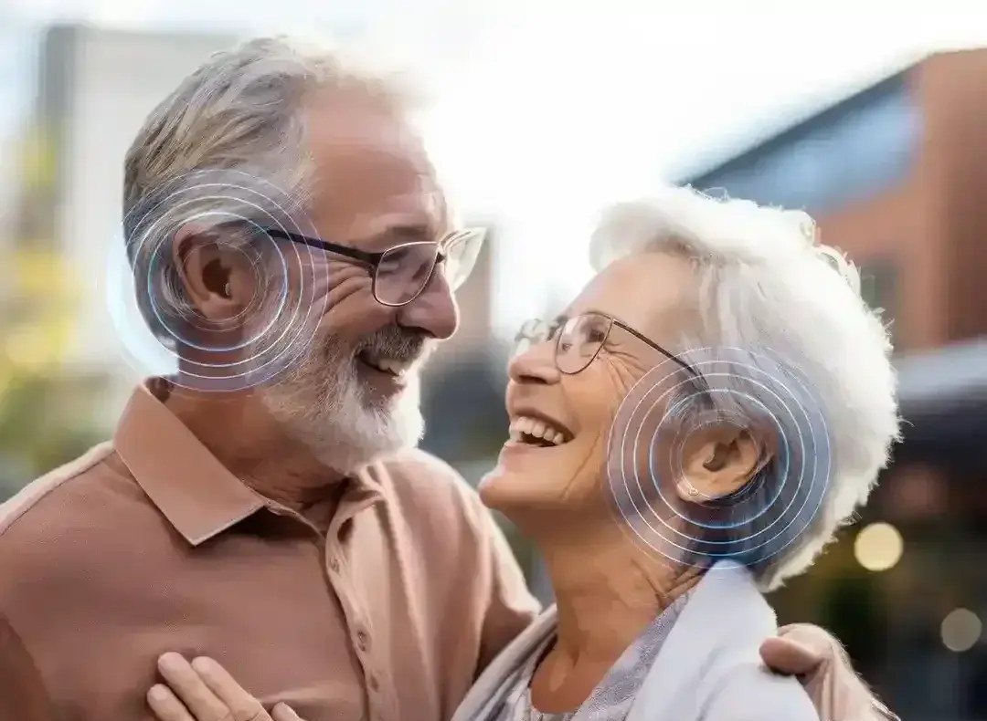 An older couple laughing together in conversation, the everyday listening situation HearWell hearing aids are meant to help with