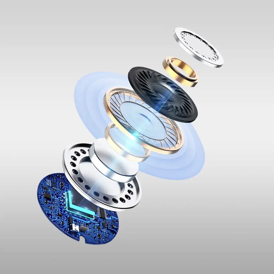 Exploded illustration of the parts inside a hearing aid, a speaker driver stacked above a circuit board