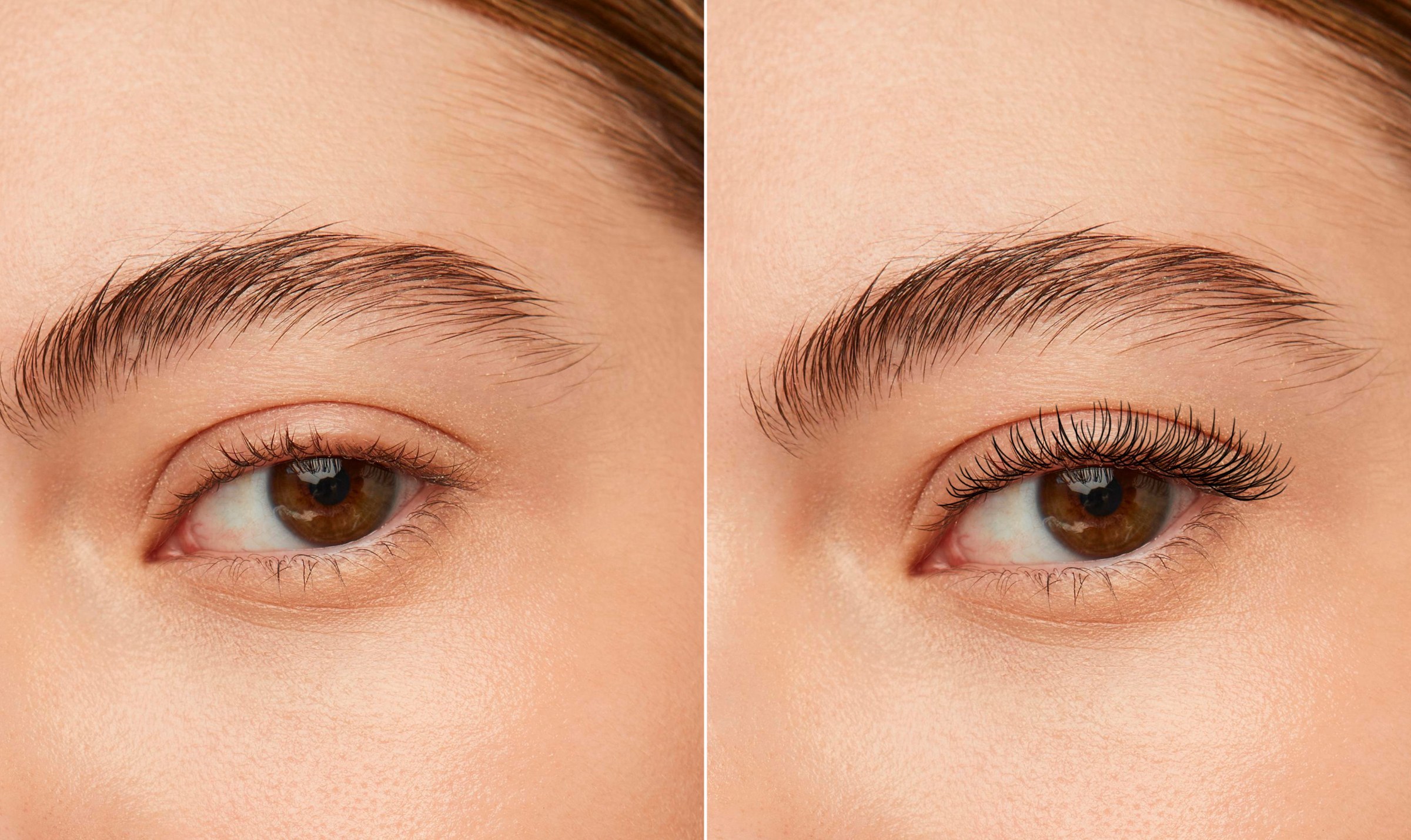 A before and after showing lashes curled with the Bime Beauty Heated Eyelash Curler, straighter on the left and lifted on the right