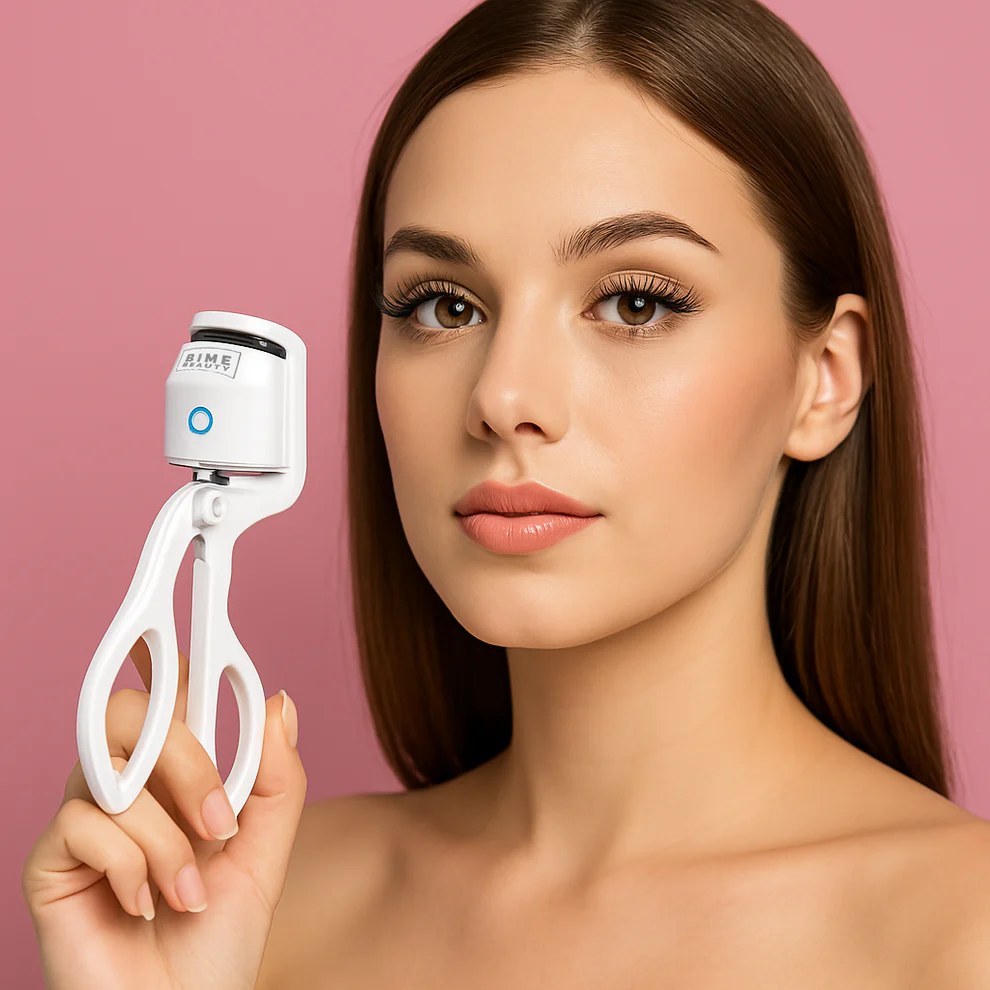 A person holding the white Bime Beauty Heated Eyelash Curler beside her curled lashes