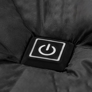 Close-up of the Hilipert heated vest power button and heat-level controller