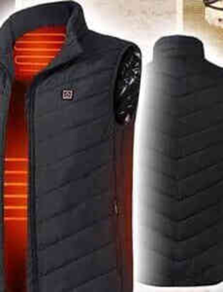 Front and back views of the black Hilipert heated vest showing the collar, zipper and controller pocket