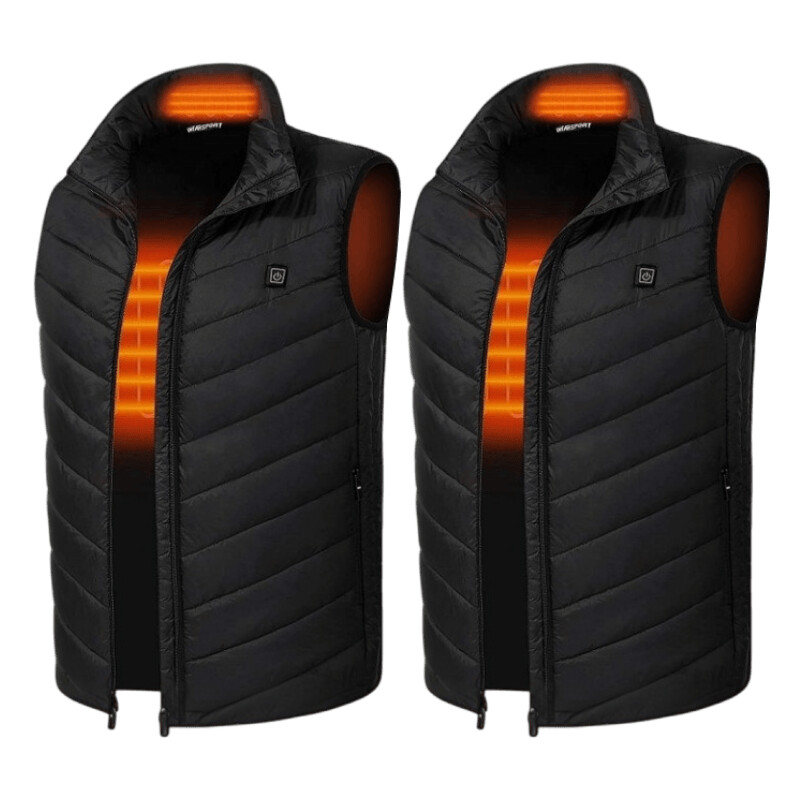 Hilipert unisex heated vest in black showing the glowing front heating zones