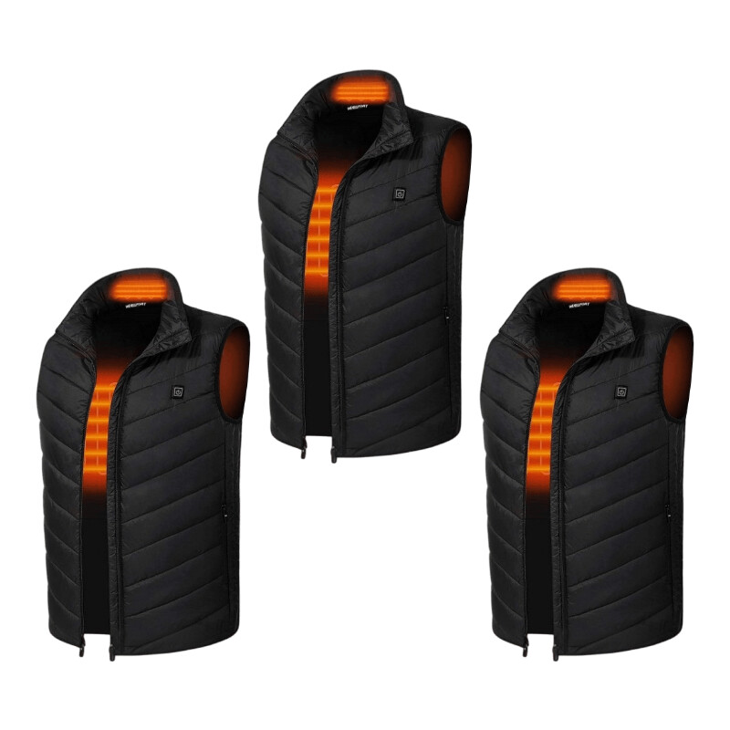 Three Hilipert unisex heated vests in black showing the glowing heating zones