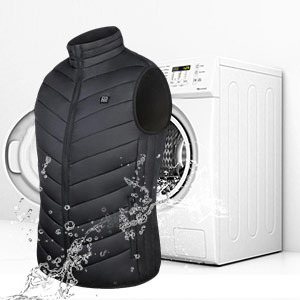 Hilipert heated vest shown as water resistant and machine washable next to a washing machine