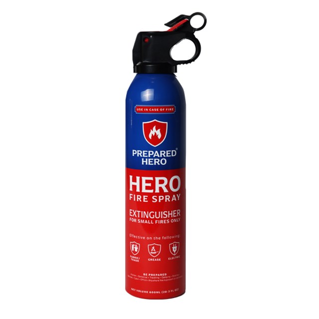 Close-up of a single Hero Fire Spray can showing its trigger nozzle and fire-class labels