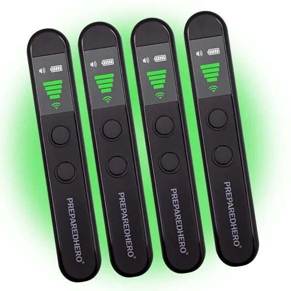 Hero Privacy Pen hidden camera detector shown in a row of four units with the signal indicator lit
