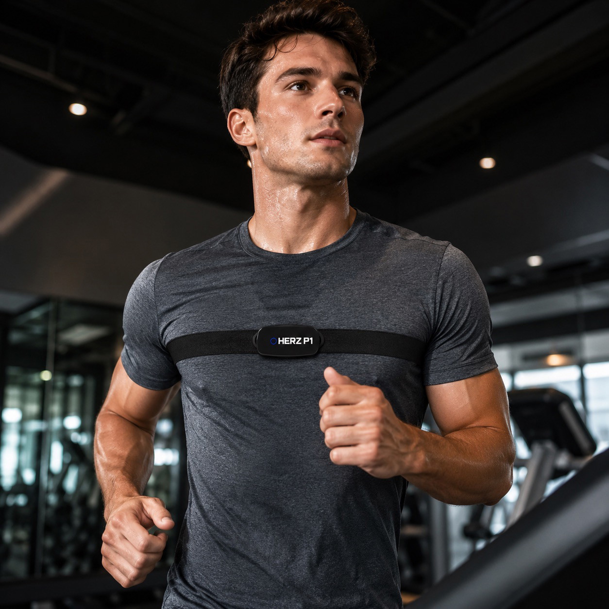 Runner on a treadmill wearing the Herz P1 heart rate chest strap