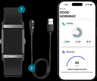 The Herz P1 Smart Band next to its charging cable and the Herz app showing a morning recovery score