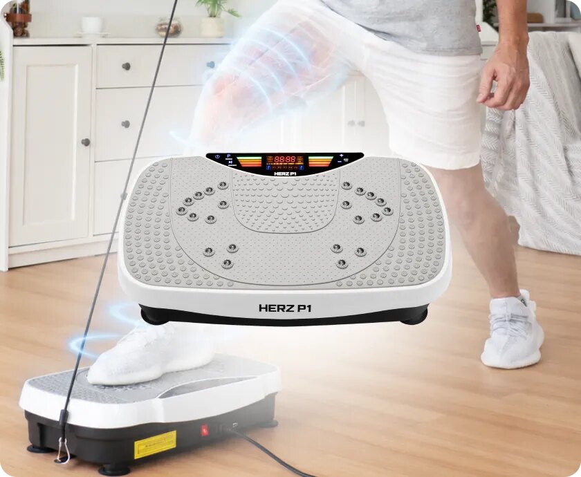 A person using the Herz P1 vibration plate trainer at home